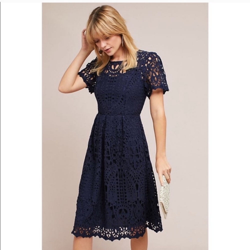Anthropologie Eri + Ali  Priscilla Navy Eyelet Blue Lace Dress XS